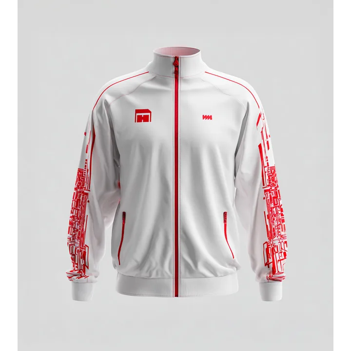 White zip-up track jacket with red piping and red abstract tech graphics on the sleeves, photographed on a light backdrop