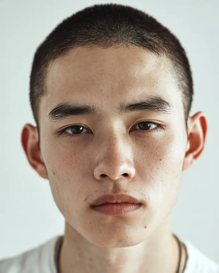 Studio portrait of a young Asian man with a buzz cut and neutral expression on an off-white backdrop