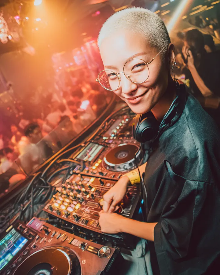 Low-angle club photograph of a DJ behind illuminated CDJ decks, with warm orange stage lighting and a blurred crowd in the background